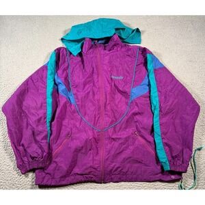 VTG Reebok Windbreaker Jacket Women L Purple Teal Removable Hood Full Zip Sports